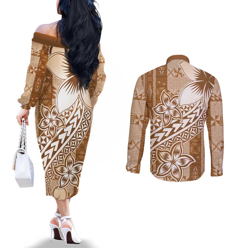 Tonga Kupesi Ngatu Couples Matching Off The Shoulder Long Sleeve Dress and Long Sleeve Button Shirt Vintage Brown Plumeria LT05 - Polynesian Pride