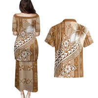 Tonga Kupesi Ngatu Couples Matching Puletasi and Hawaiian Shirt Vintage Brown Plumeria LT05 - Polynesian Pride
