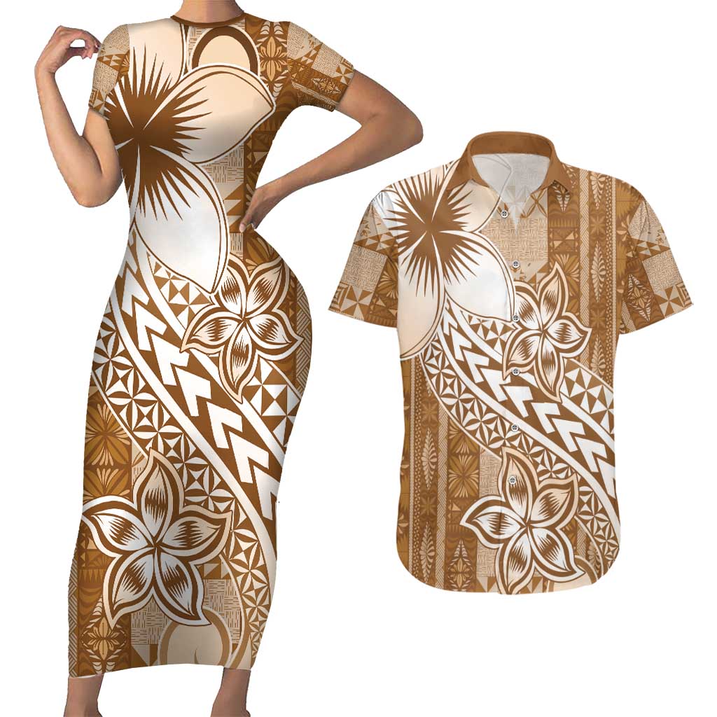 Tonga Kupesi Ngatu Couples Matching Short Sleeve Bodycon Dress and Hawaiian Shirt Vintage Brown Plumeria LT05 Brown - Polynesian Pride