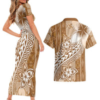 Tonga Kupesi Ngatu Couples Matching Short Sleeve Bodycon Dress and Hawaiian Shirt Vintage Brown Plumeria LT05 - Polynesian Pride