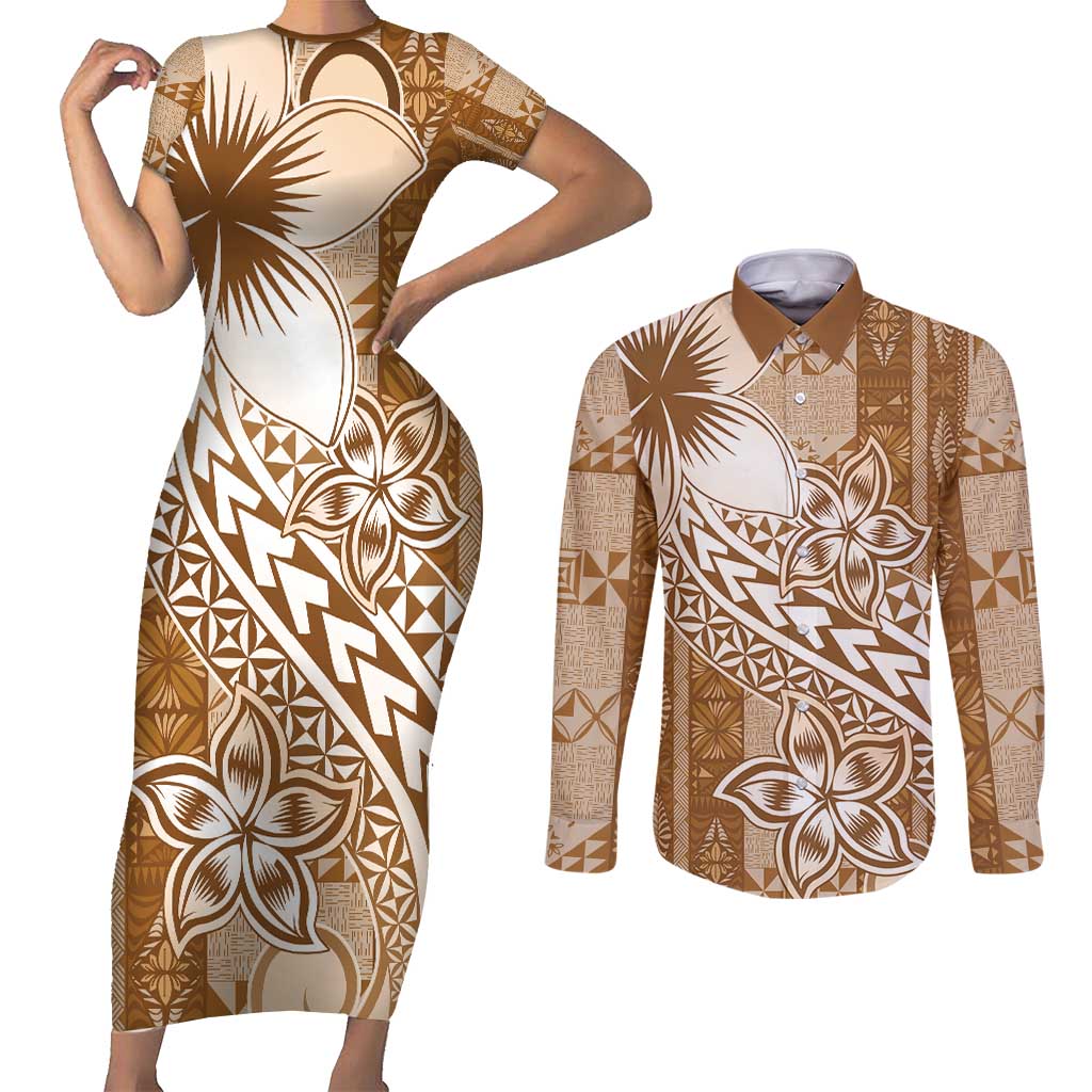 Tonga Kupesi Ngatu Couples Matching Short Sleeve Bodycon Dress and Long Sleeve Button Shirt Vintage Brown Plumeria LT05 Brown - Polynesian Pride