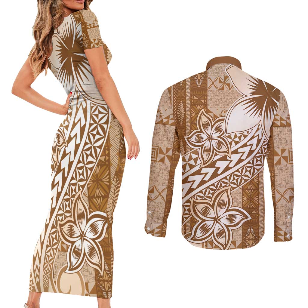 Tonga Kupesi Ngatu Couples Matching Short Sleeve Bodycon Dress and Long Sleeve Button Shirt Vintage Brown Plumeria LT05 - Polynesian Pride
