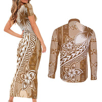 Tonga Kupesi Ngatu Couples Matching Short Sleeve Bodycon Dress and Long Sleeve Button Shirt Vintage Brown Plumeria LT05 - Polynesian Pride