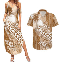 Tonga Kupesi Ngatu Couples Matching Summer Maxi Dress and Hawaiian Shirt Vintage Brown Plumeria LT05 Brown - Polynesian Pride