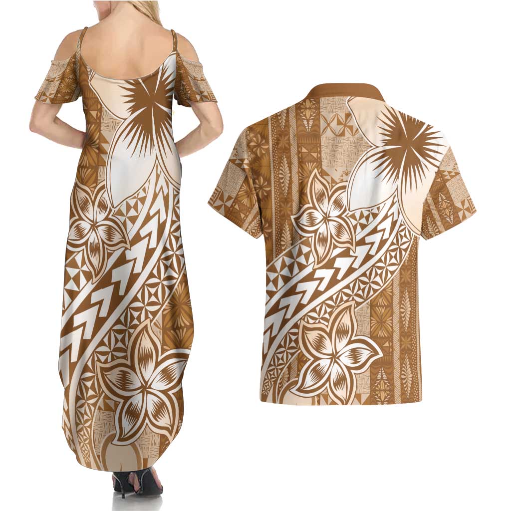 Tonga Kupesi Ngatu Couples Matching Summer Maxi Dress and Hawaiian Shirt Vintage Brown Plumeria LT05 - Polynesian Pride