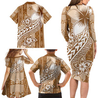 Tonga Kupesi Ngatu Family Matching Long Sleeve Bodycon Dress and Hawaiian Shirt Vintage Brown Plumeria LT05 - Polynesian Pride