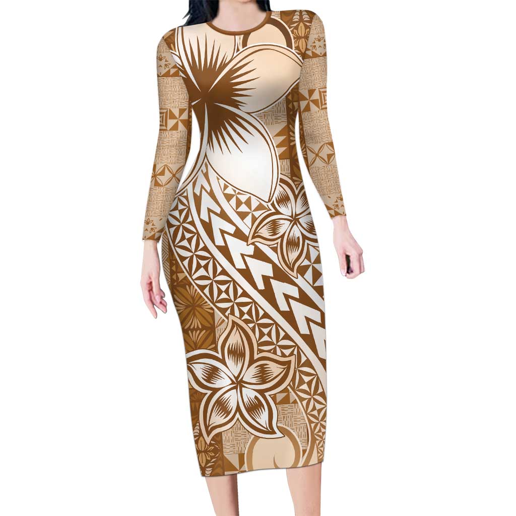 Tonga Kupesi Ngatu Family Matching Long Sleeve Bodycon Dress and Hawaiian Shirt Vintage Brown Plumeria LT05 Mom's Dress Brown - Polynesian Pride