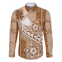 Tonga Kupesi Ngatu Family Matching Mermaid Dress and Hawaiian Shirt Vintage Brown Plumeria LT05 Dad's Shirt - Long Sleeve Brown - Polynesian Pride