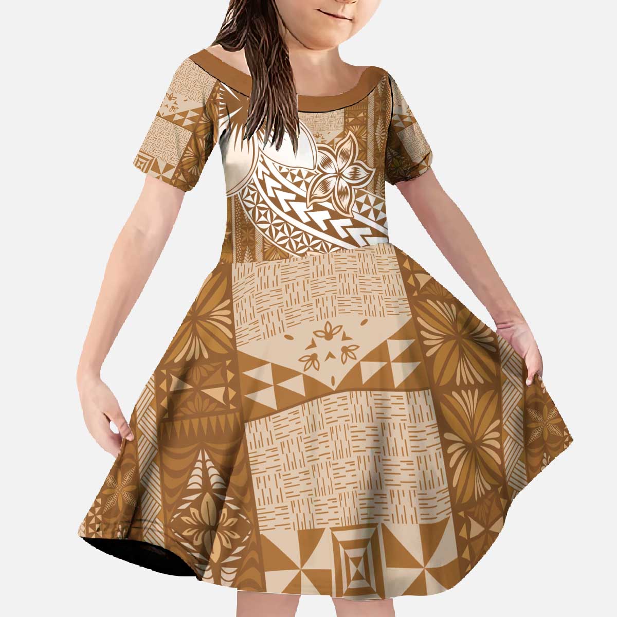 Tonga Kupesi Ngatu Family Matching Off The Shoulder Long Sleeve Dress and Hawaiian Shirt Vintage Brown Plumeria LT05 Daughter's Dress Brown - Polynesian Pride