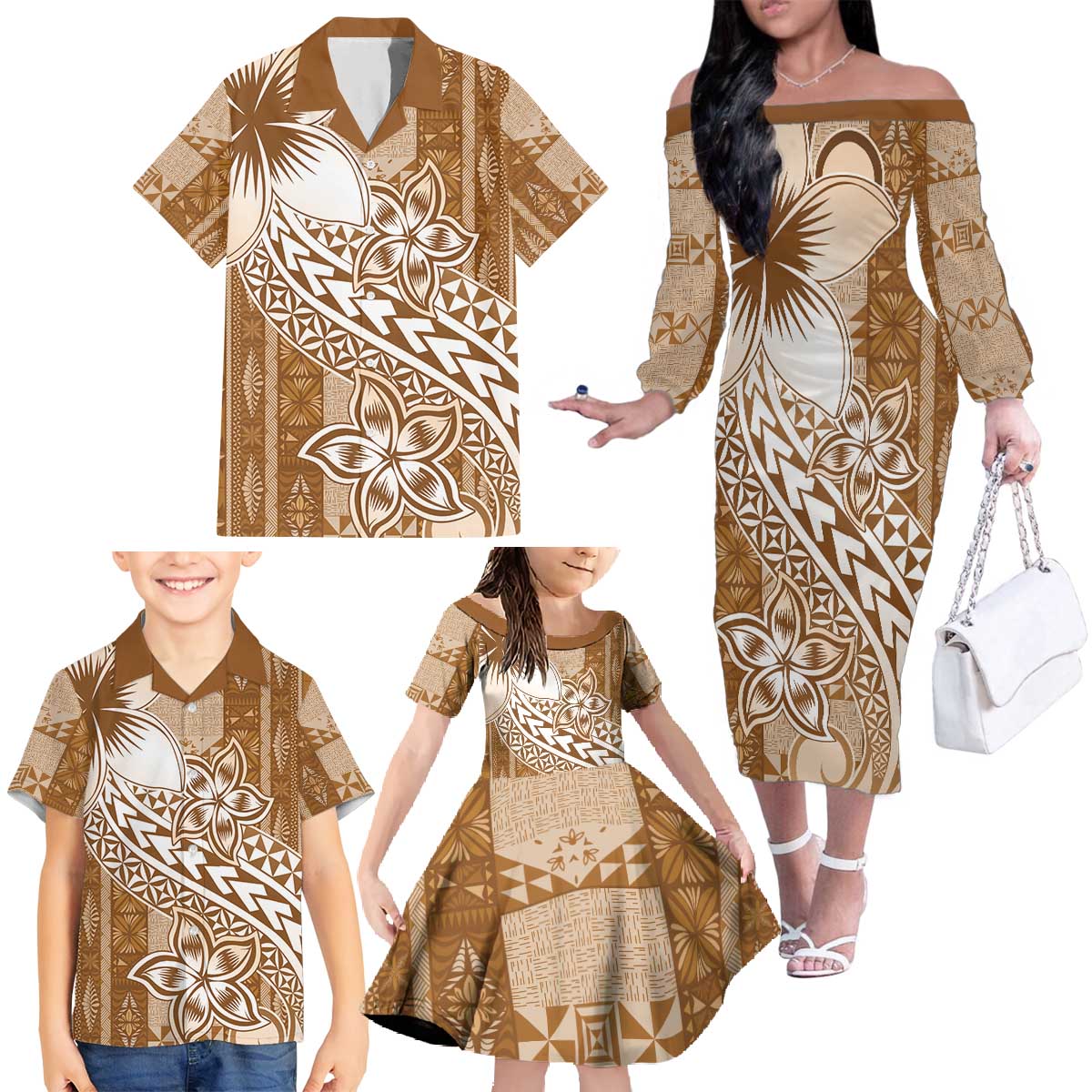 Tonga Kupesi Ngatu Family Matching Off The Shoulder Long Sleeve Dress and Hawaiian Shirt Vintage Brown Plumeria LT05 - Polynesian Pride