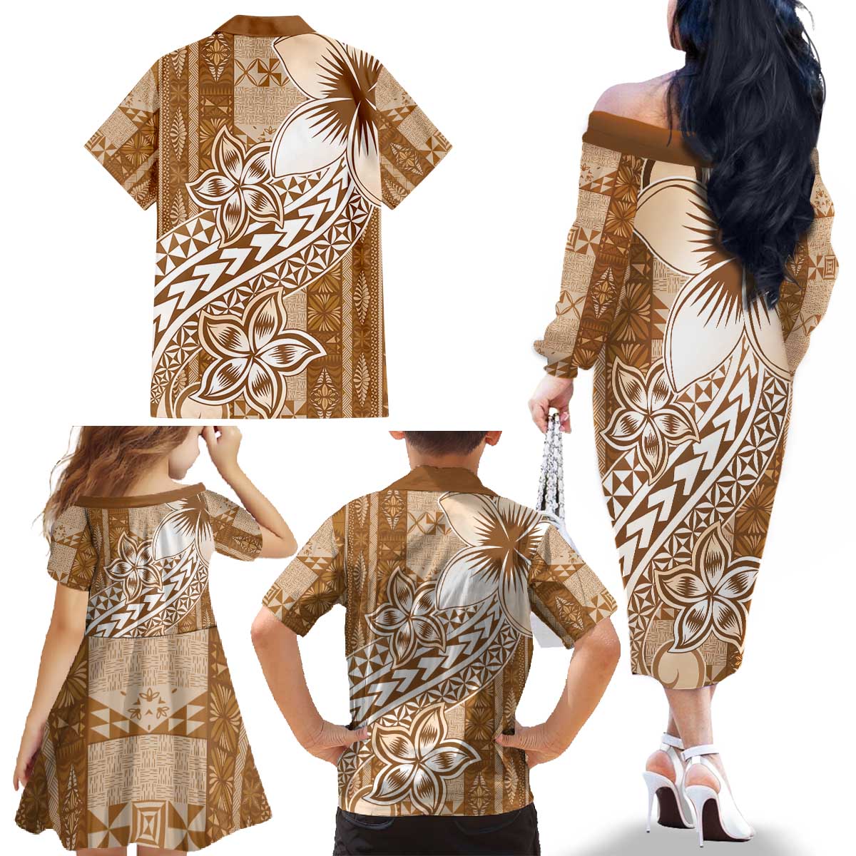 Tonga Kupesi Ngatu Family Matching Off The Shoulder Long Sleeve Dress and Hawaiian Shirt Vintage Brown Plumeria LT05 - Polynesian Pride