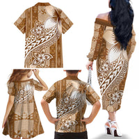 Tonga Kupesi Ngatu Family Matching Off The Shoulder Long Sleeve Dress and Hawaiian Shirt Vintage Brown Plumeria LT05 - Polynesian Pride
