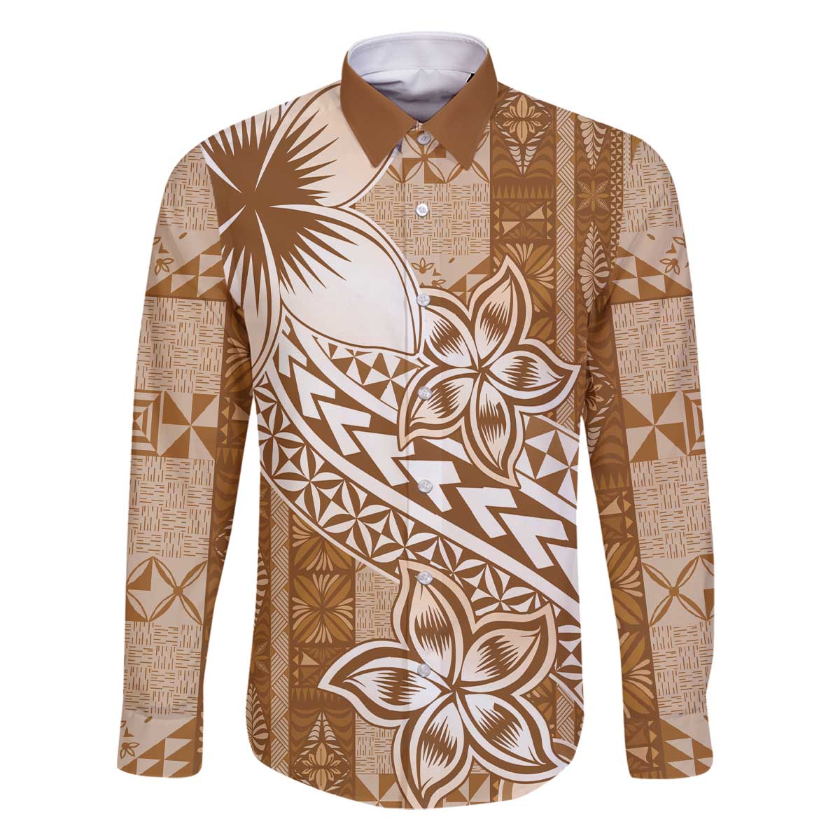 Tonga Kupesi Ngatu Family Matching Off The Shoulder Long Sleeve Dress and Hawaiian Shirt Vintage Brown Plumeria LT05 Dad's Shirt - Long Sleeve Brown - Polynesian Pride