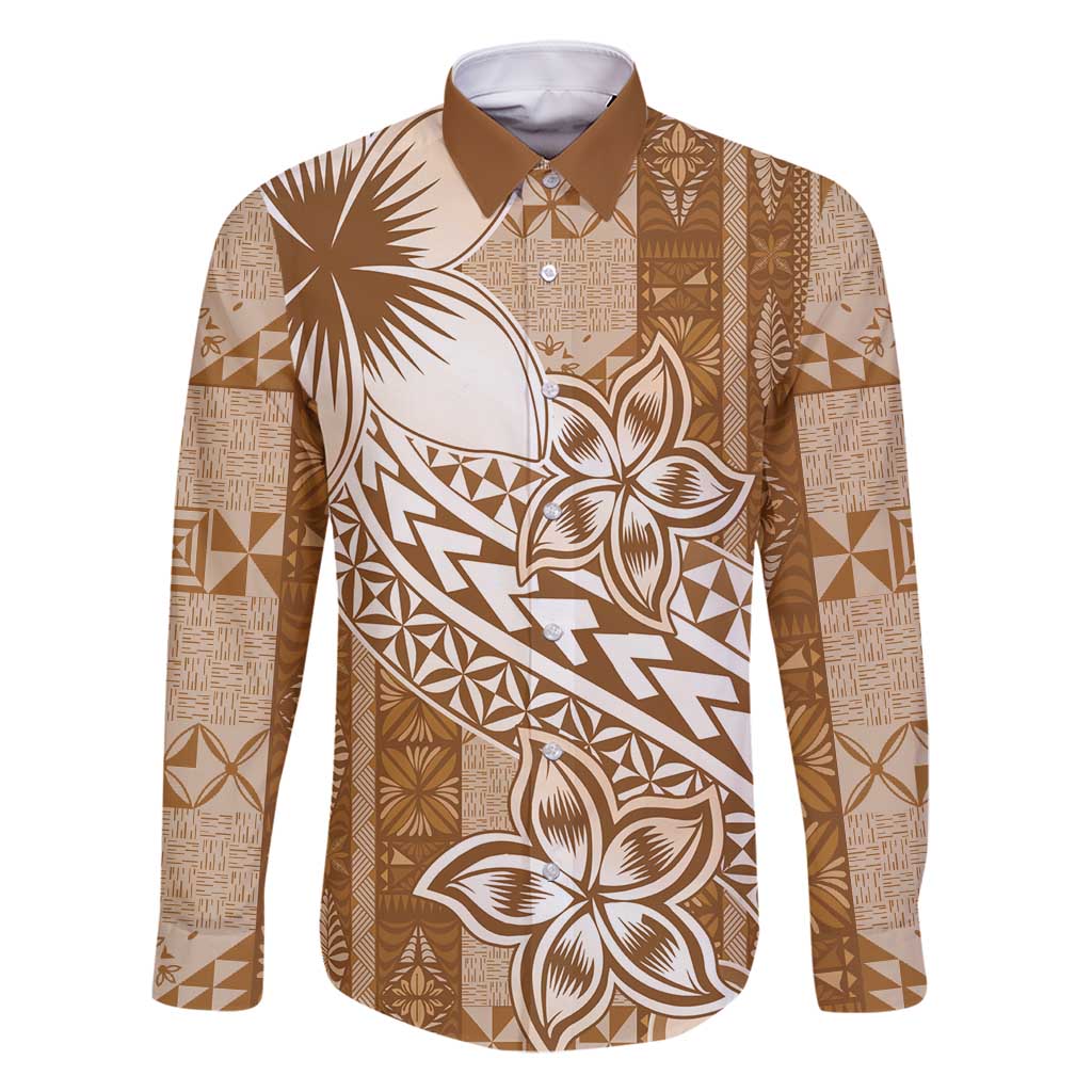 Tonga Kupesi Ngatu Family Matching Off Shoulder Maxi Dress and Hawaiian Shirt Vintage Brown Plumeria LT05 Dad's Shirt - Long Sleeve Brown - Polynesian Pride