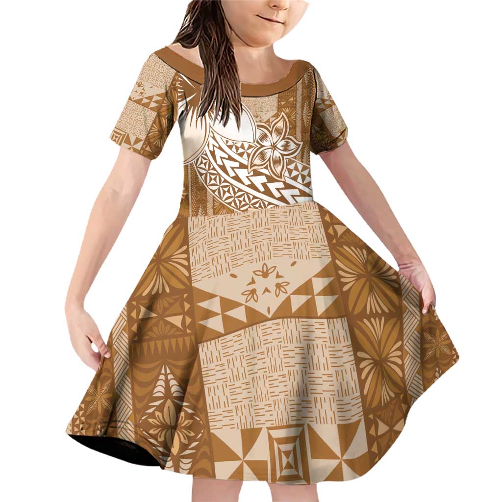 Tonga Kupesi Ngatu Family Matching Off Shoulder Short Dress and Hawaiian Shirt Vintage Brown Plumeria LT05 Daughter's Dress Brown - Polynesian Pride