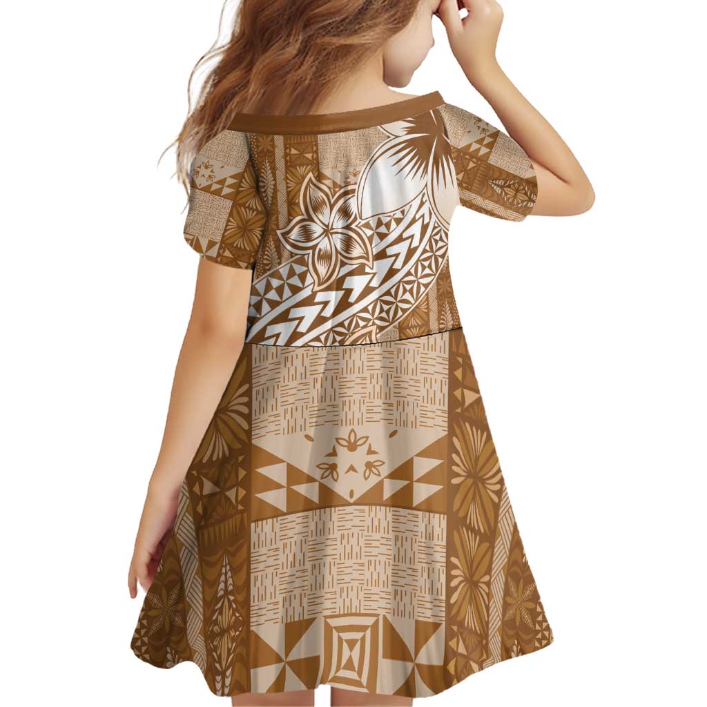 Tonga Kupesi Ngatu Family Matching Off Shoulder Short Dress and Hawaiian Shirt Vintage Brown Plumeria LT05 - Polynesian Pride