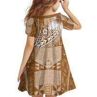 Tonga Kupesi Ngatu Family Matching Off Shoulder Short Dress and Hawaiian Shirt Vintage Brown Plumeria LT05 - Polynesian Pride