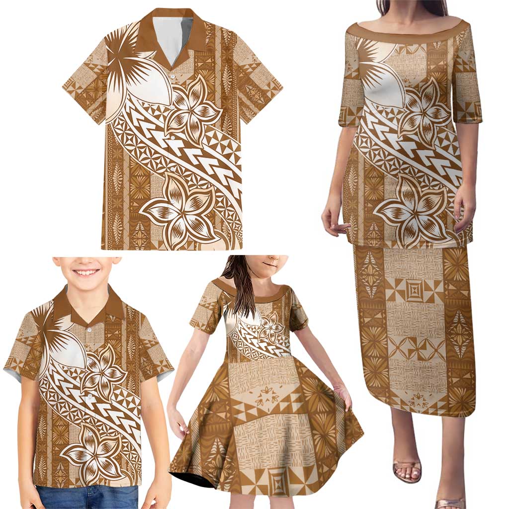 Tonga Kupesi Ngatu Family Matching Puletasi and Hawaiian Shirt Vintage Brown Plumeria LT05 - Polynesian Pride