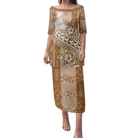 Tonga Kupesi Ngatu Family Matching Puletasi and Hawaiian Shirt Vintage Brown Plumeria LT05 Mom's Dress Brown - Polynesian Pride