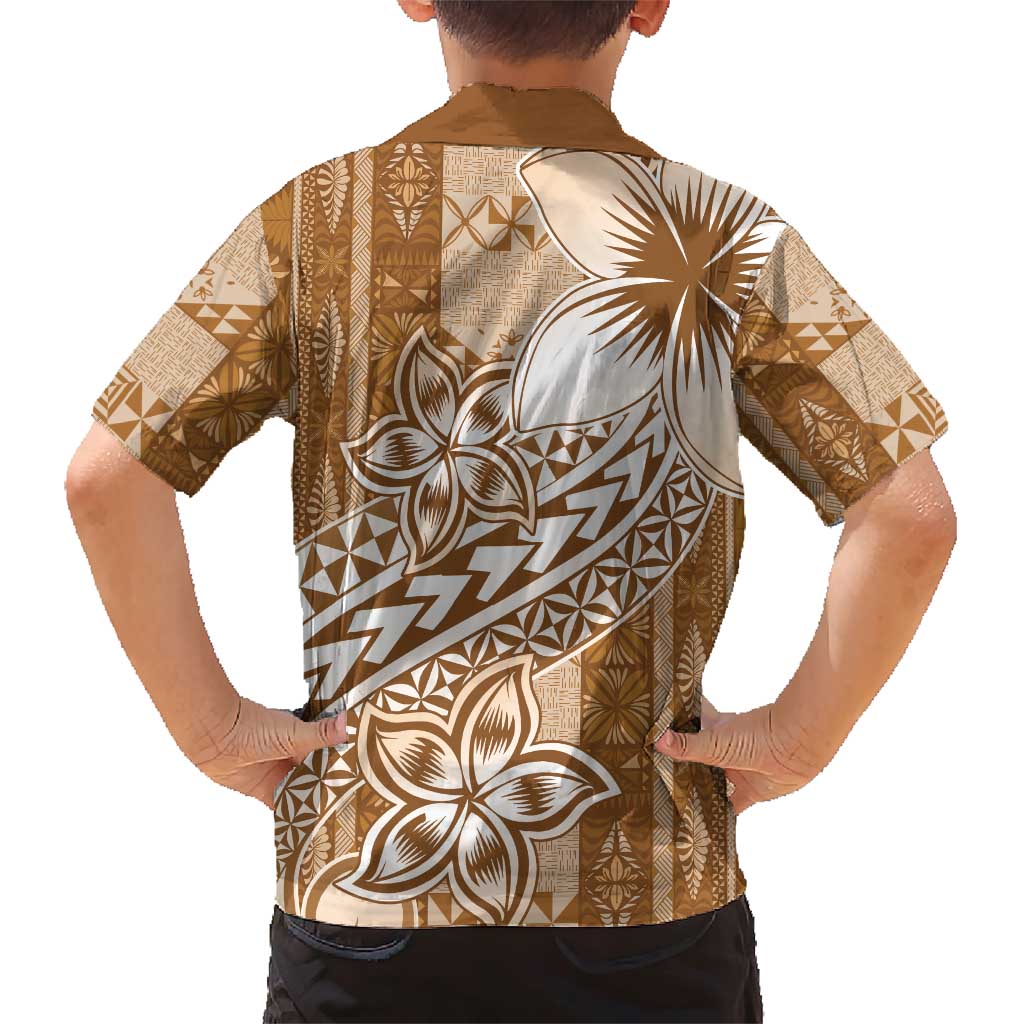 Tonga Kupesi Ngatu Family Matching Short Sleeve Bodycon Dress and Hawaiian Shirt Vintage Brown Plumeria LT05 - Polynesian Pride