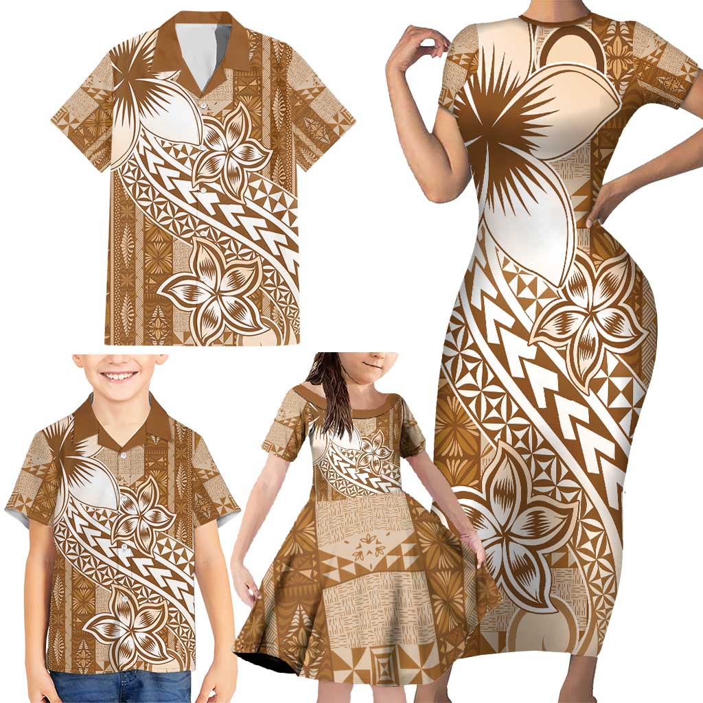 Tonga Kupesi Ngatu Family Matching Short Sleeve Bodycon Dress and Hawaiian Shirt Vintage Brown Plumeria LT05 - Polynesian Pride