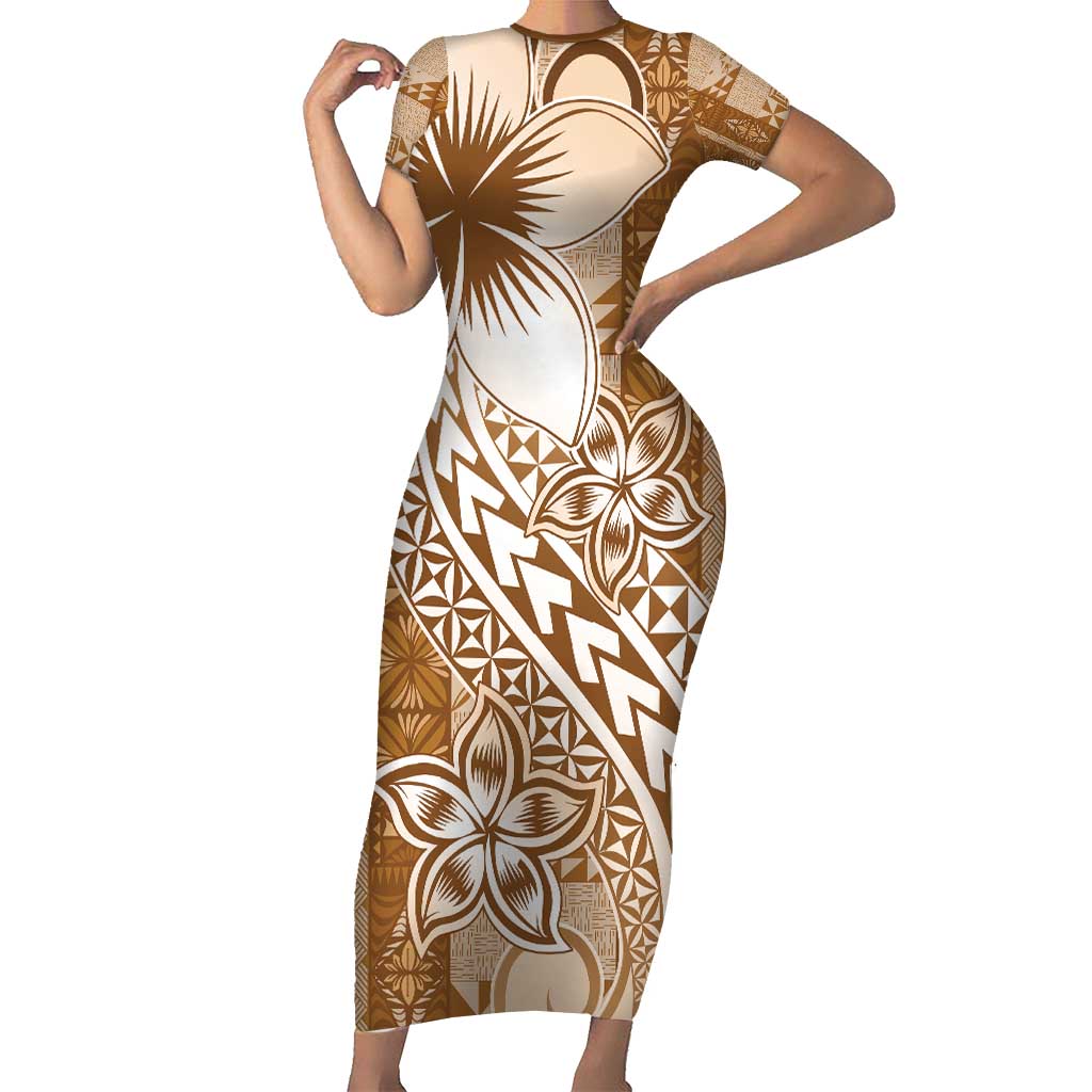 Tonga Kupesi Ngatu Family Matching Short Sleeve Bodycon Dress and Hawaiian Shirt Vintage Brown Plumeria LT05 Mom's Dress Brown - Polynesian Pride