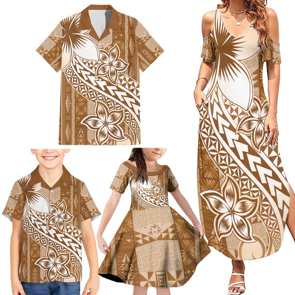 Tonga Kupesi Ngatu Family Matching Summer Maxi Dress and Hawaiian Shirt Vintage Brown Plumeria LT05 - Polynesian Pride