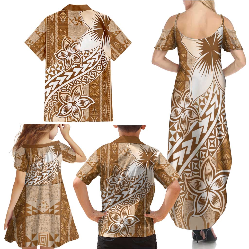 Tonga Kupesi Ngatu Family Matching Summer Maxi Dress and Hawaiian Shirt Vintage Brown Plumeria LT05 - Polynesian Pride