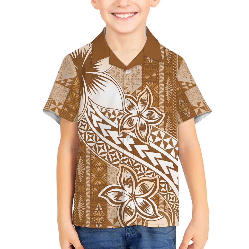 Tonga Kupesi Ngatu Family Matching Summer Maxi Dress and Hawaiian Shirt Vintage Brown Plumeria LT05 Son's Shirt Brown - Polynesian Pride