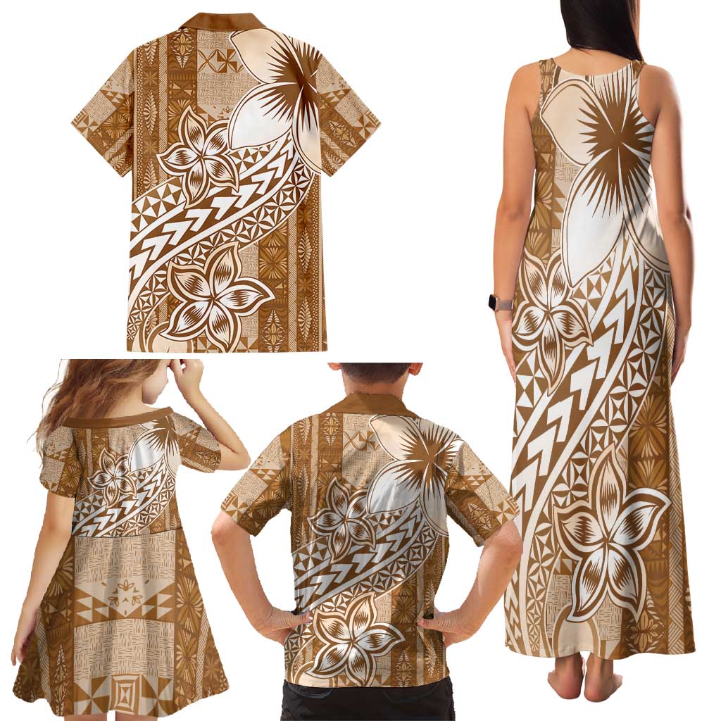 Tonga Kupesi Ngatu Family Matching Tank Maxi Dress and Hawaiian Shirt Vintage Brown Plumeria LT05 - Polynesian Pride