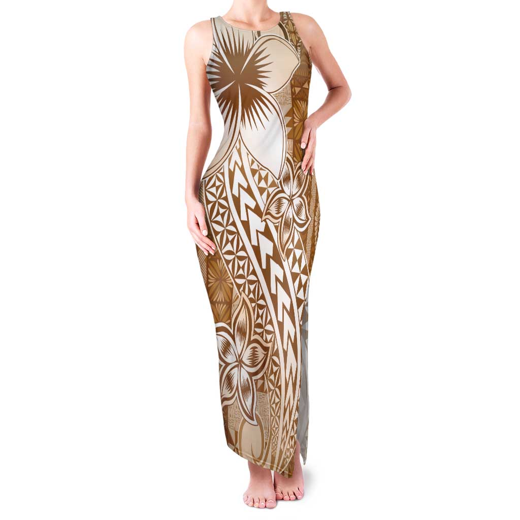 Tonga Kupesi Ngatu Family Matching Tank Maxi Dress and Hawaiian Shirt Vintage Brown Plumeria LT05 Mom's Dress Brown - Polynesian Pride