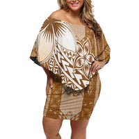 Tonga Kupesi Ngatu Off Shoulder Short Dress Vintage Brown Plumeria