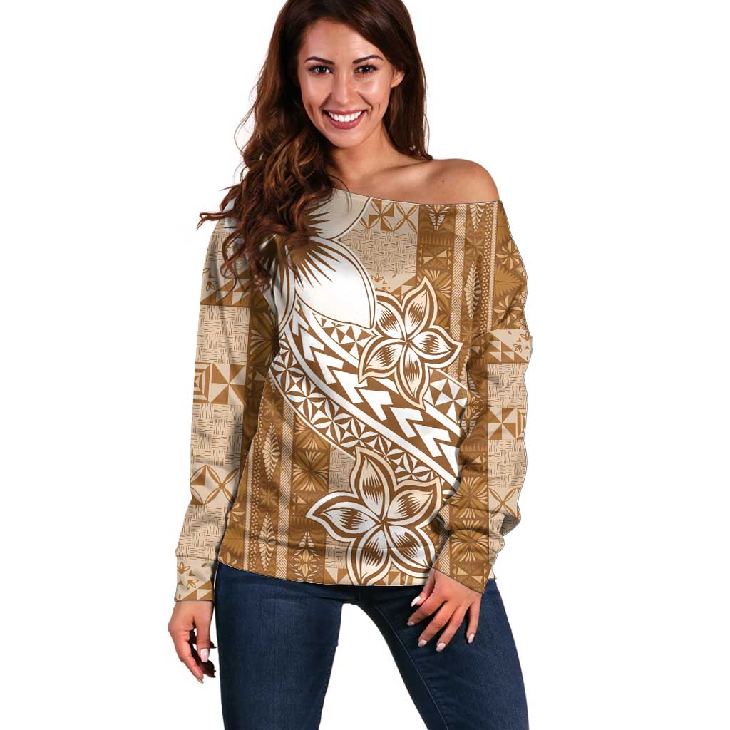 Tonga Kupesi Ngatu Off Shoulder Sweater Vintage Brown Plumeria