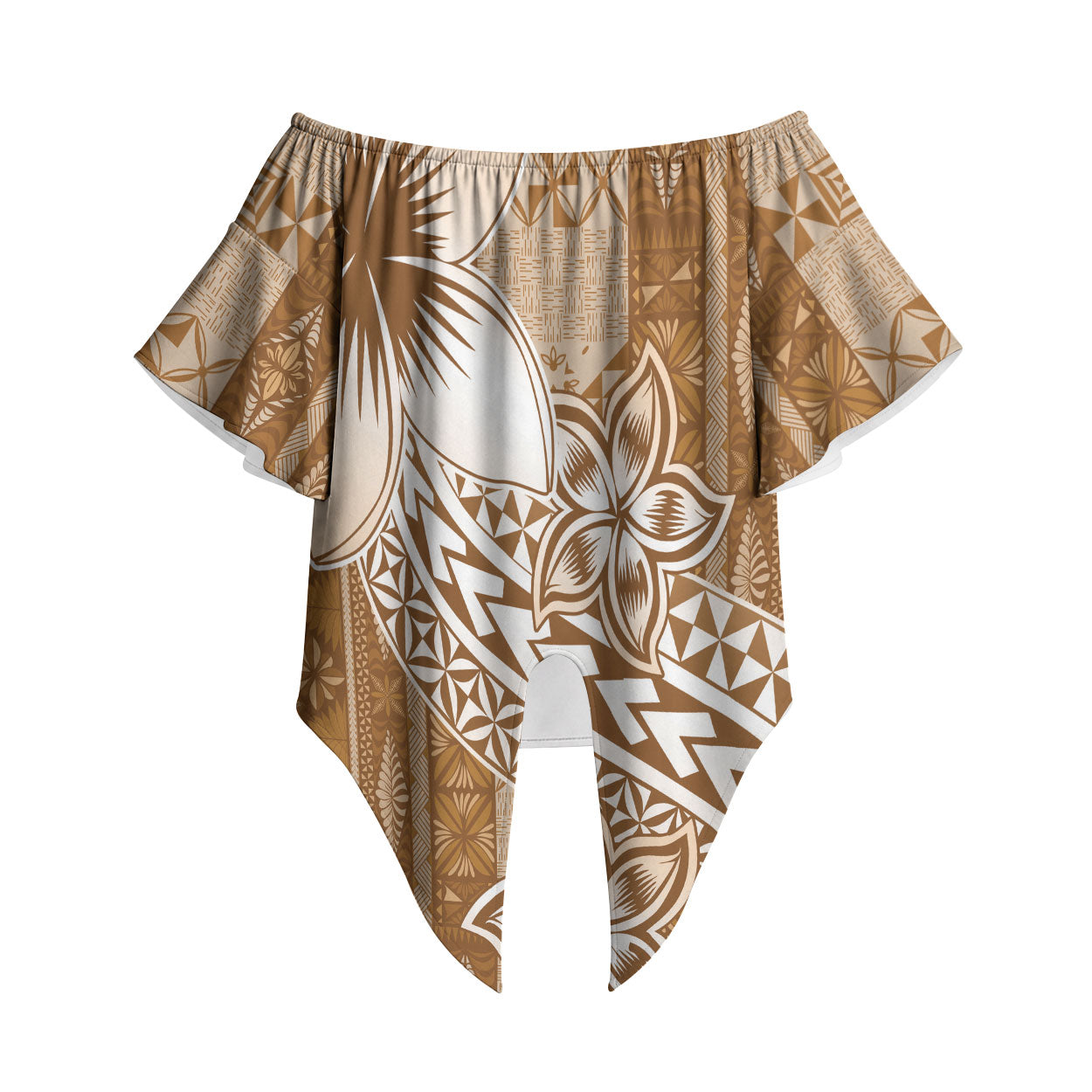 Tonga Kupesi Ngatu Off Shoulder Wrap Waist Top Vintage Brown Plumeria LT05 Brown - Polynesian Pride