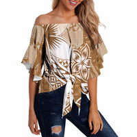Tonga Kupesi Ngatu Off Shoulder Wrap Waist Top Vintage Brown Plumeria LT05 - Polynesian Pride
