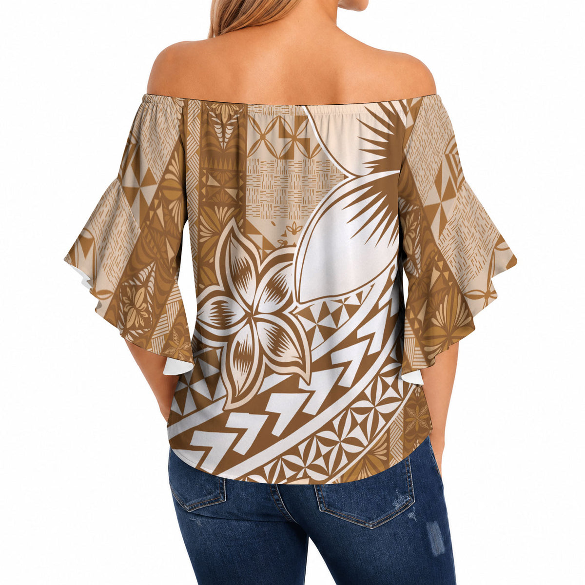 Tonga Kupesi Ngatu Off Shoulder Wrap Waist Top Vintage Brown Plumeria LT05 - Polynesian Pride