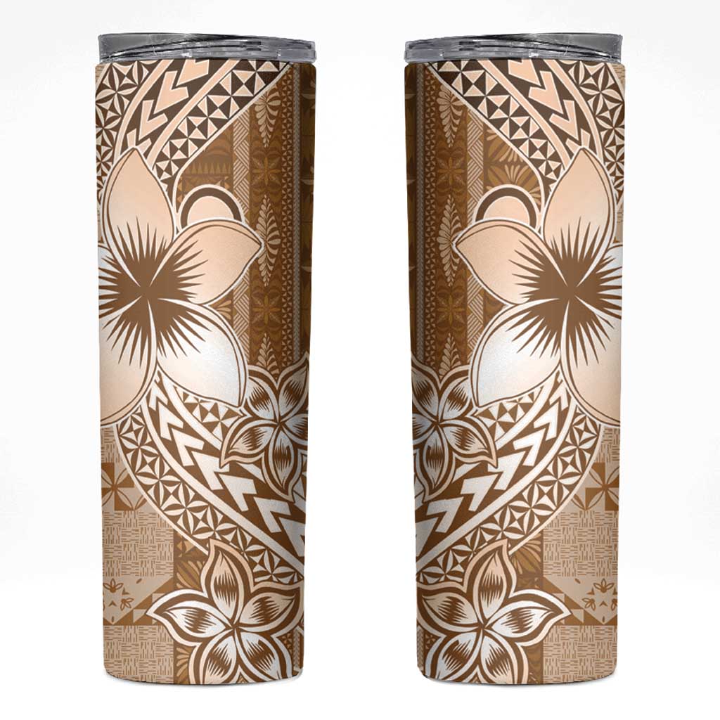Tonga Kupesi Ngatu Skinny Tumbler Vintage Brown Plumeria LT05 Brown - Polynesian Pride