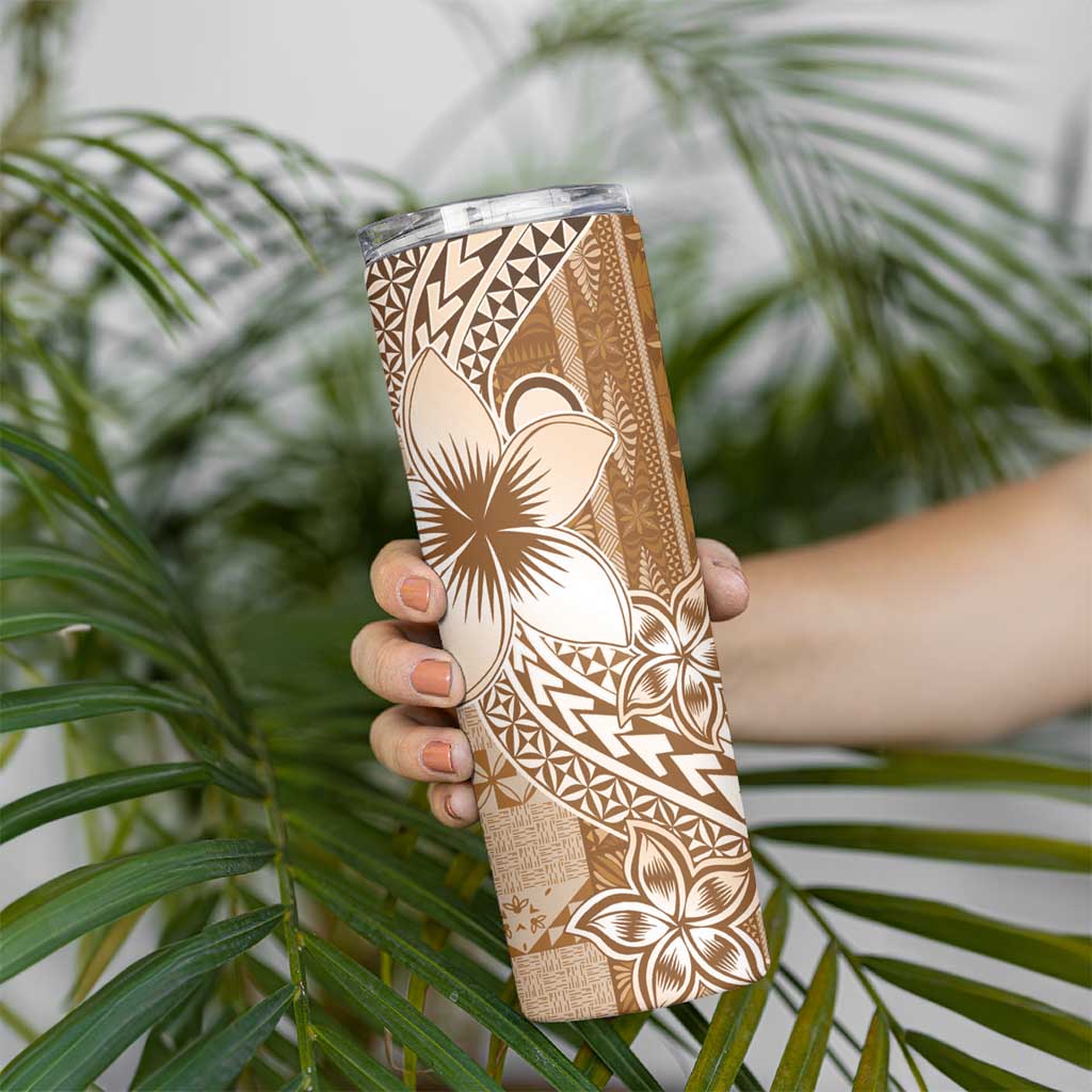 Tonga Kupesi Ngatu Skinny Tumbler Vintage Brown Plumeria LT05 - Polynesian Pride