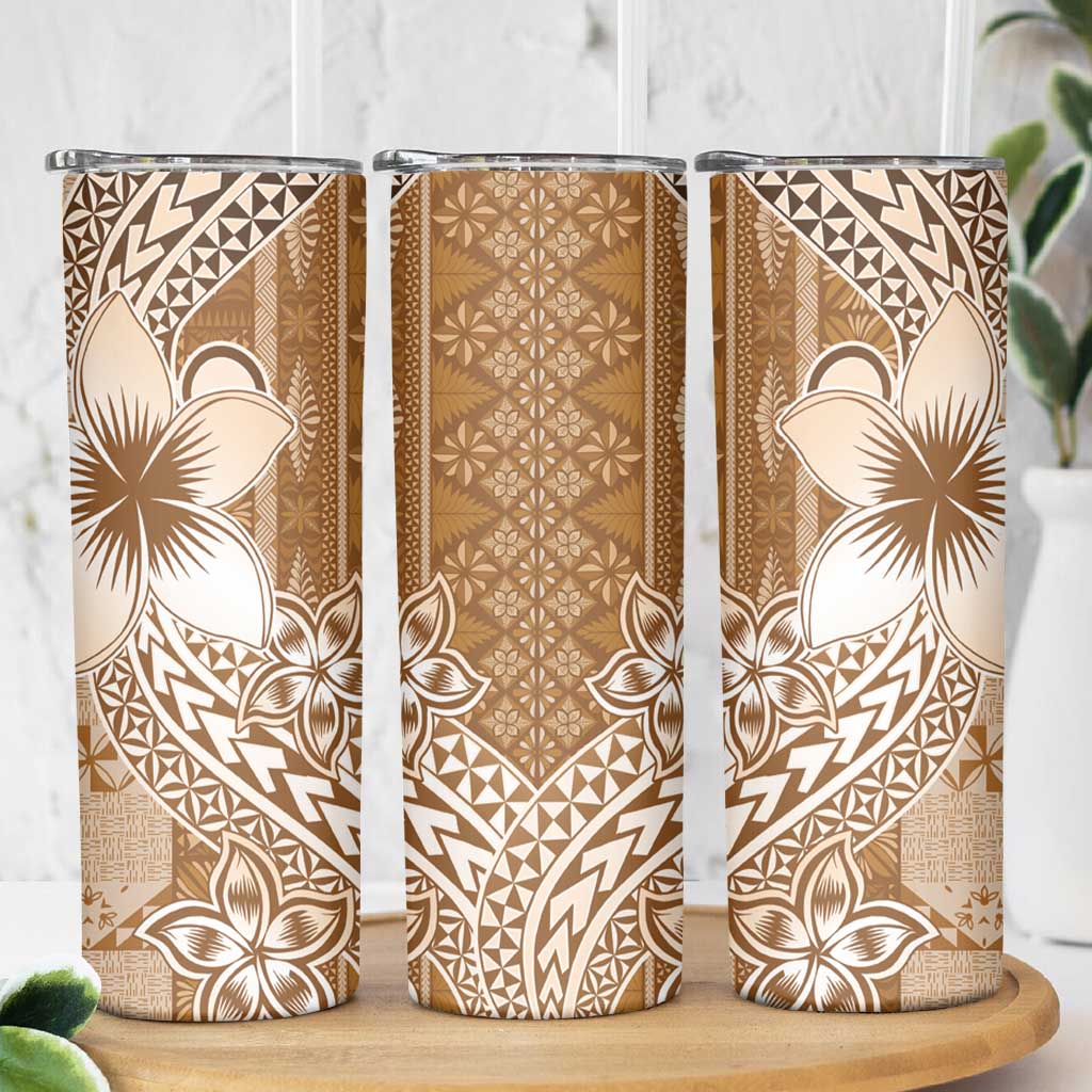 Tonga Kupesi Ngatu Skinny Tumbler Vintage Brown Plumeria LT05 - Polynesian Pride