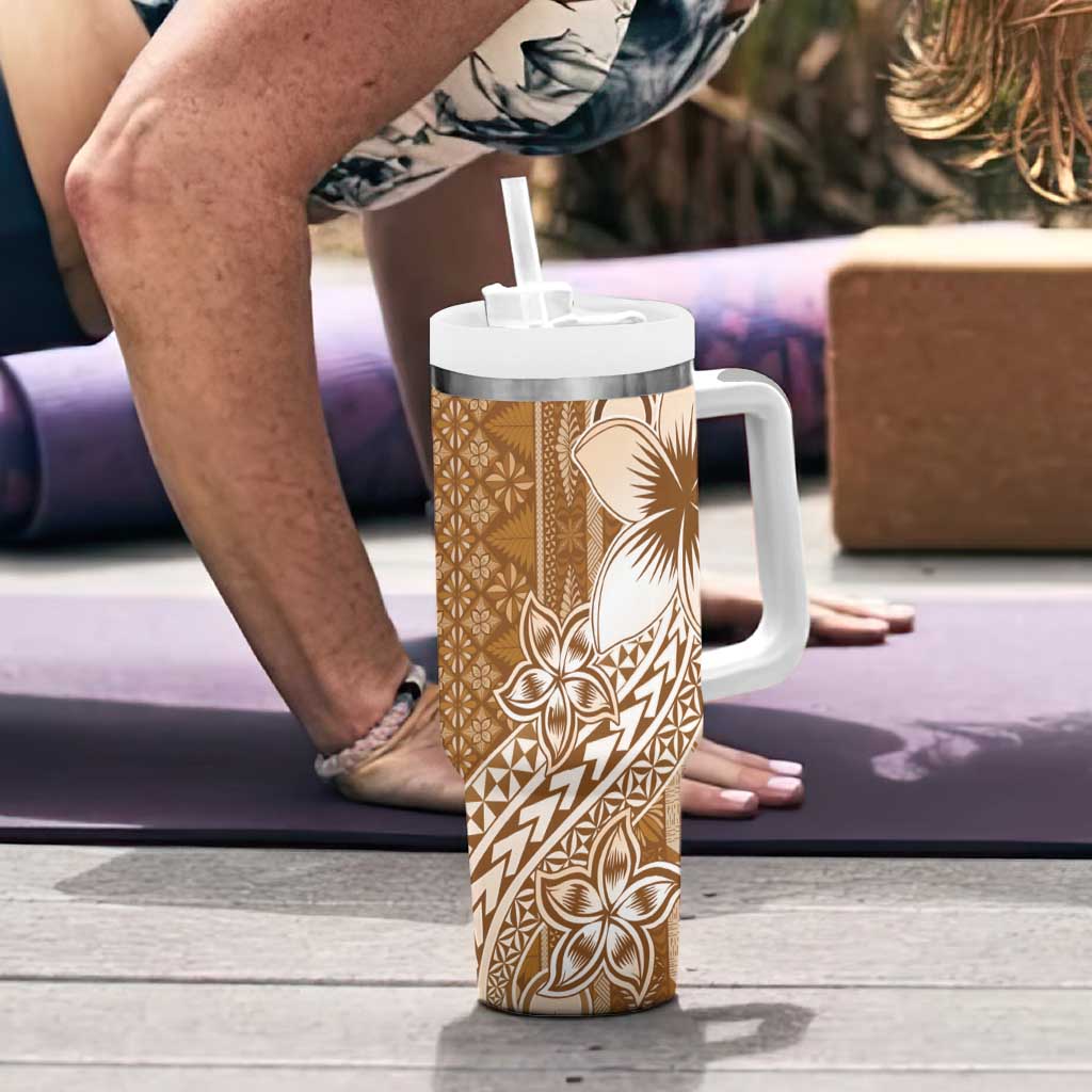 Tonga Kupesi Ngatu Tumbler With Handle Vintage Brown Plumeria