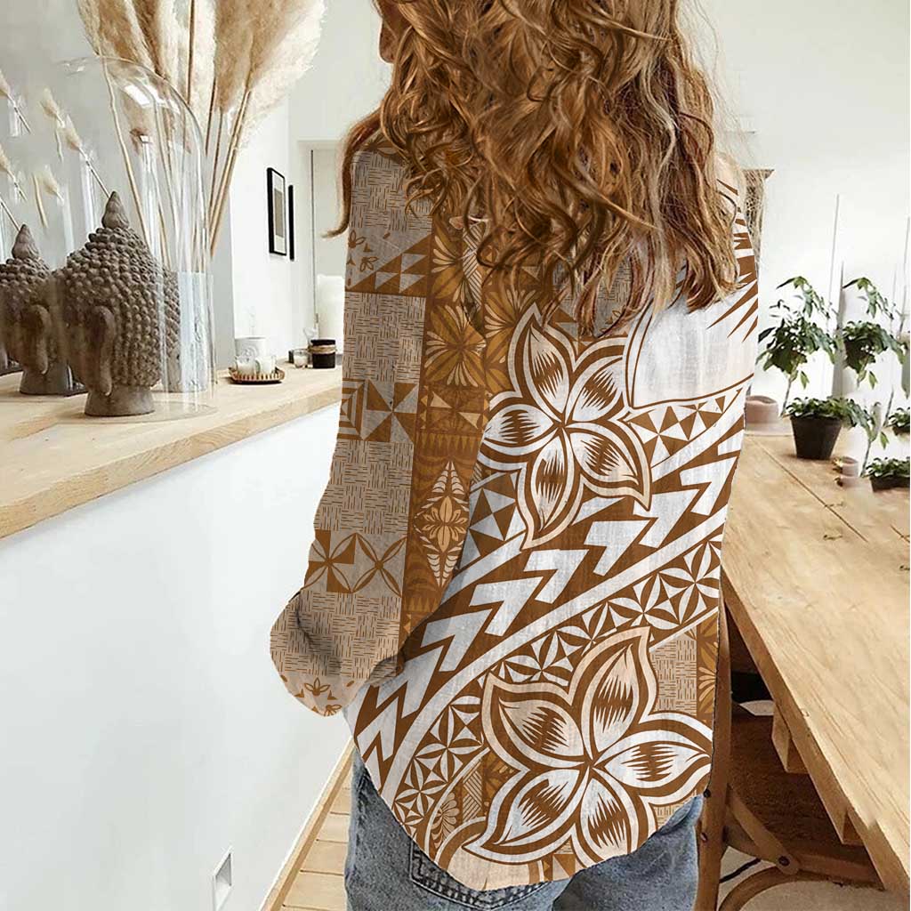 Tonga Kupesi Ngatu Women Casual Shirt Vintage Brown Plumeria