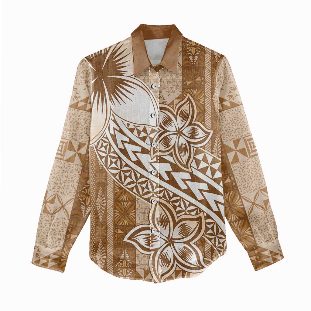 Tonga Kupesi Ngatu Women Casual Shirt Vintage Brown Plumeria