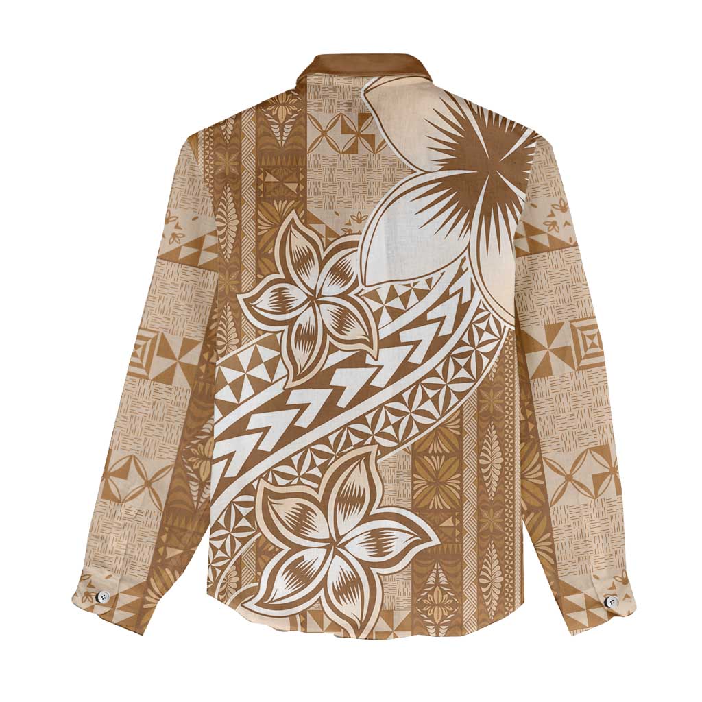 Tonga Kupesi Ngatu Women Casual Shirt Vintage Brown Plumeria