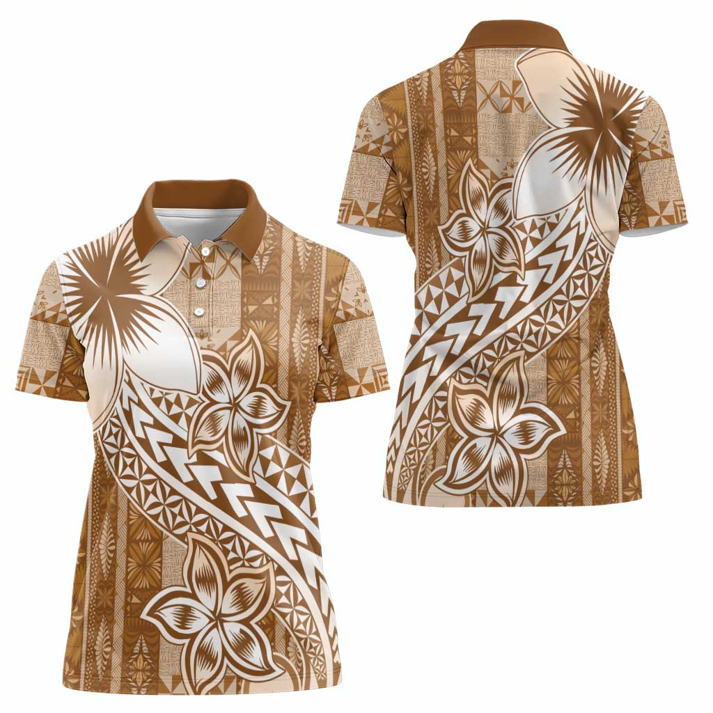 Tonga Kupesi Ngatu Women Polo Shirt Vintage Brown Plumeria