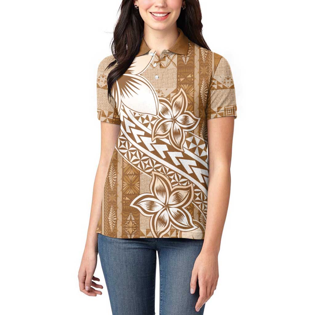 Tonga Kupesi Ngatu Women Polo Shirt Vintage Brown Plumeria