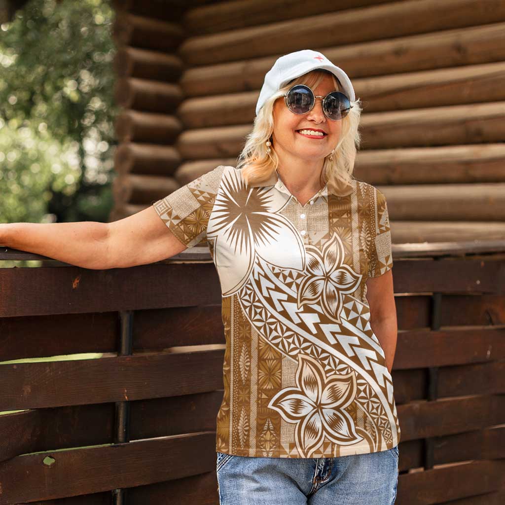 Tonga Kupesi Ngatu Women Polo Shirt Vintage Brown Plumeria