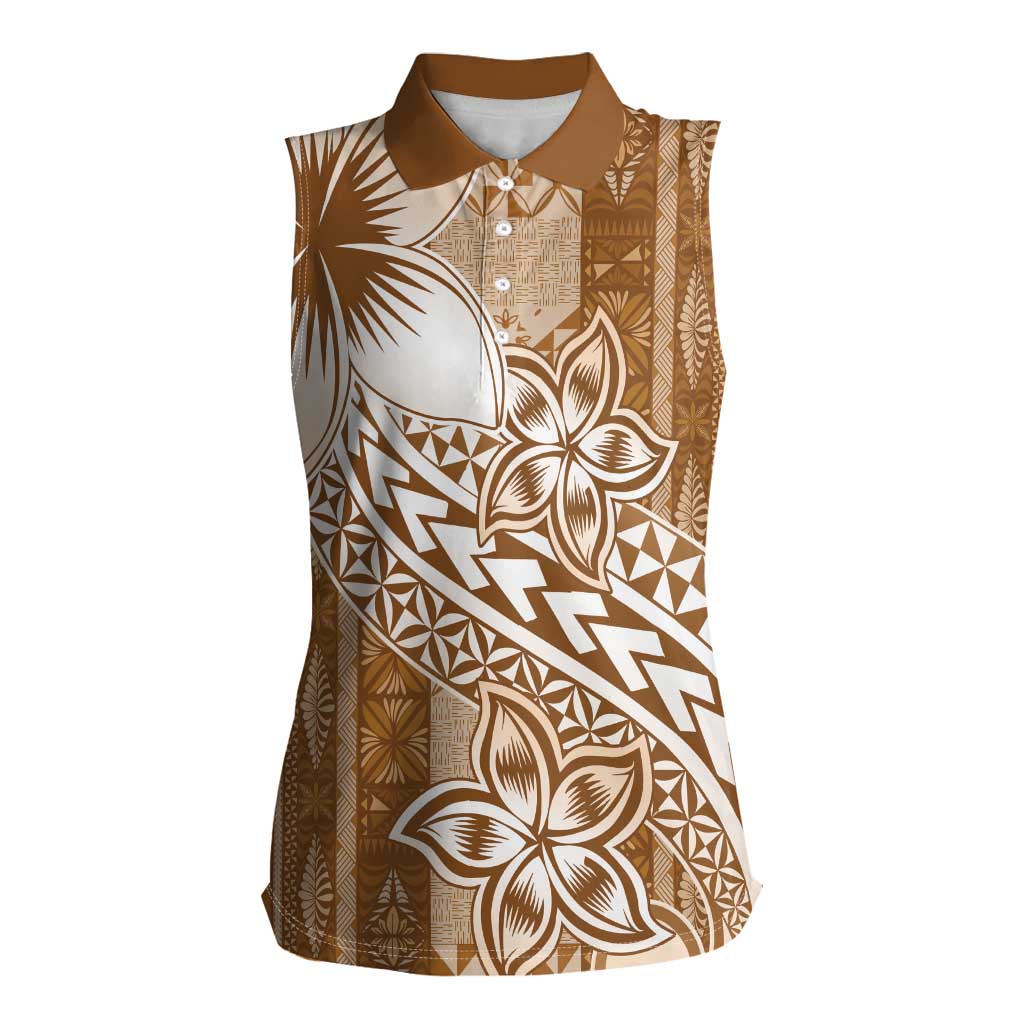 Tonga Kupesi Ngatu Women Sleeveless Polo Shirt Vintage Brown Plumeria LT05 Female Brown - Polynesian Pride