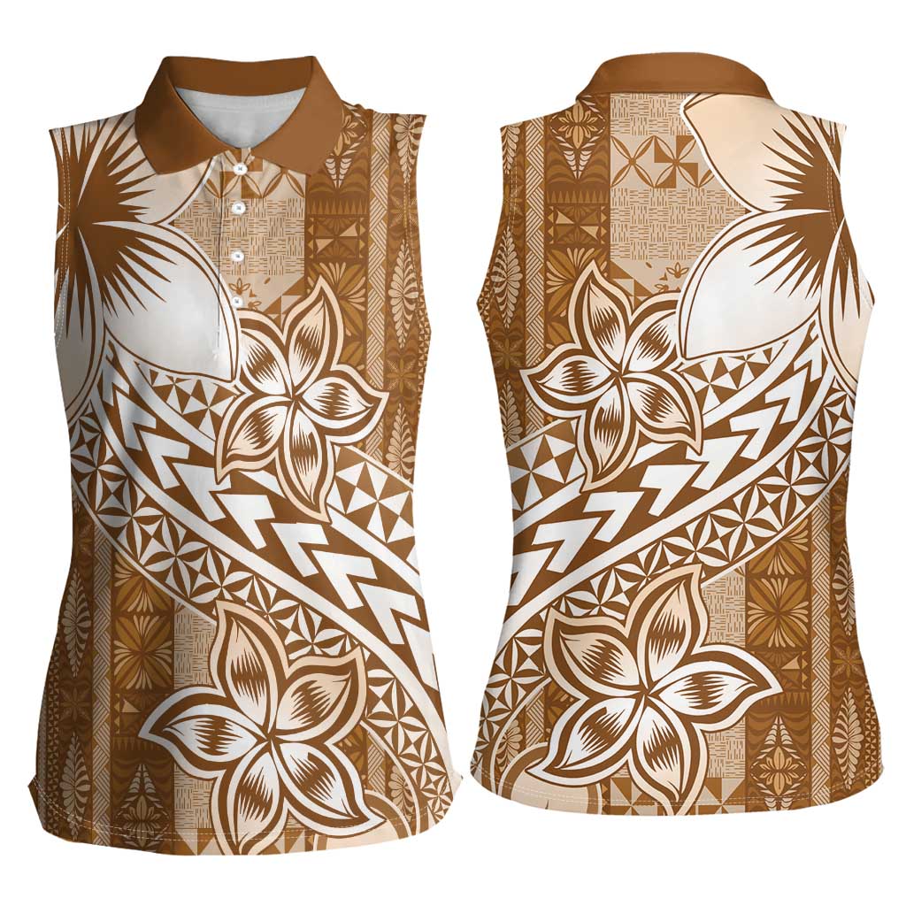 Tonga Kupesi Ngatu Women Sleeveless Polo Shirt Vintage Brown Plumeria LT05 - Polynesian Pride