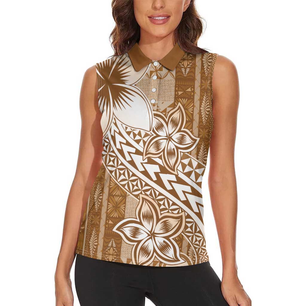 Tonga Kupesi Ngatu Women Sleeveless Polo Shirt Vintage Brown Plumeria LT05 - Polynesian Pride