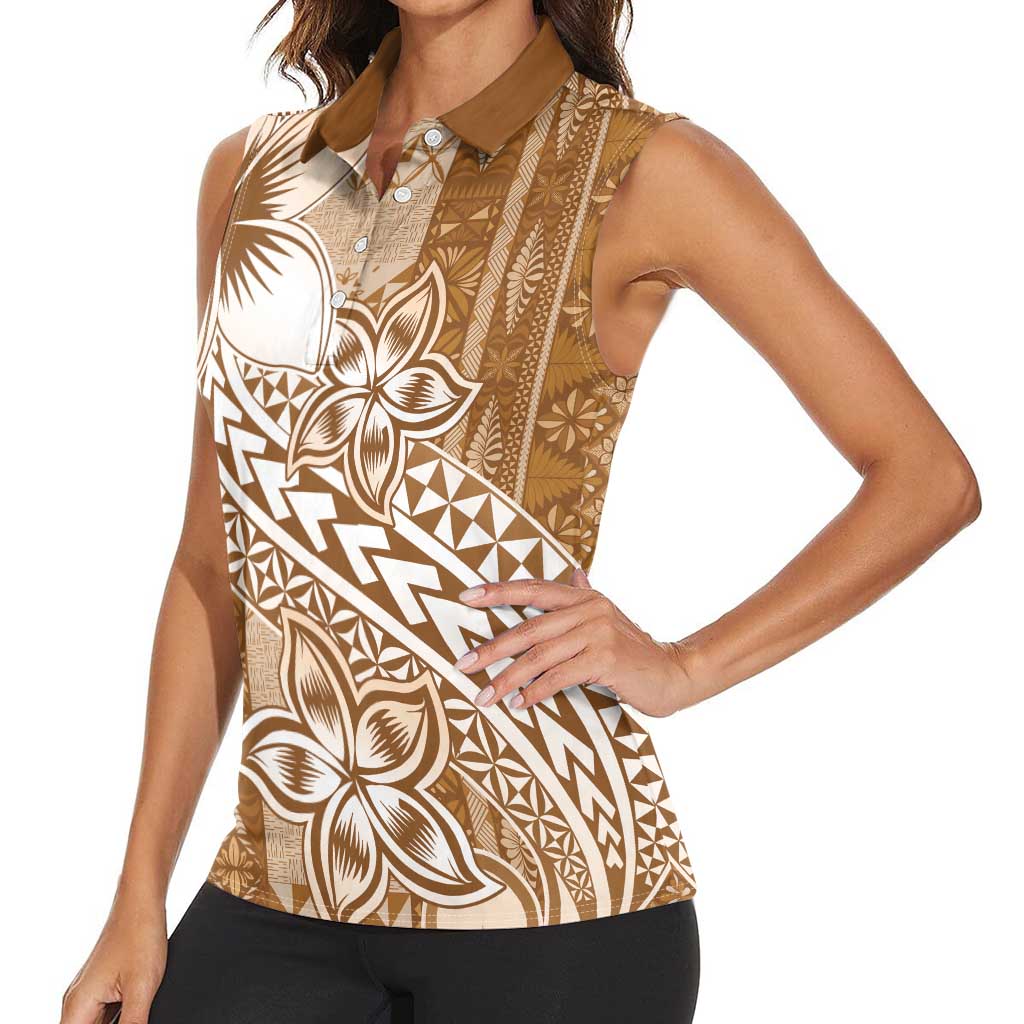Tonga Kupesi Ngatu Women Sleeveless Polo Shirt Vintage Brown Plumeria LT05 - Polynesian Pride